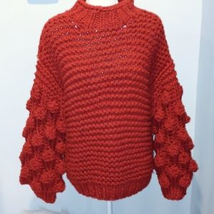 Red mock neck popcorn sleeve cozy sweater